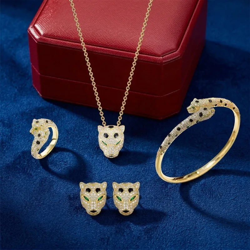 Europe America Ring Earrings Bracelet Necklace Inlay Cubic Zirconia Green Eyes Black Enamel Leopard Panther Party Jewelry Sets