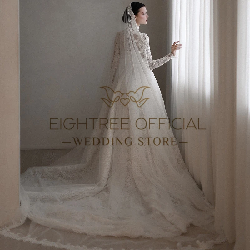 Eightree Elegant A-Line Wedding Dresses High Neck Long Sleeves Lace Bridal Dress Boho Beach Wedding Prom Ball Gowns Customized