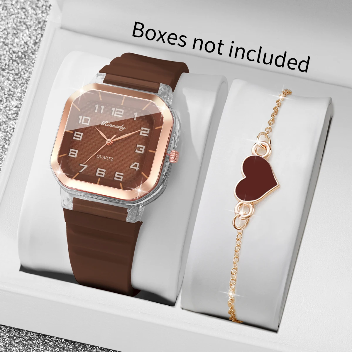 2PCS/Set Fashion Square Women Watch Silicone Strap Quartz Watches Heart Bracelet Set for Ladies Clock Reloj Mujer (Without Box)