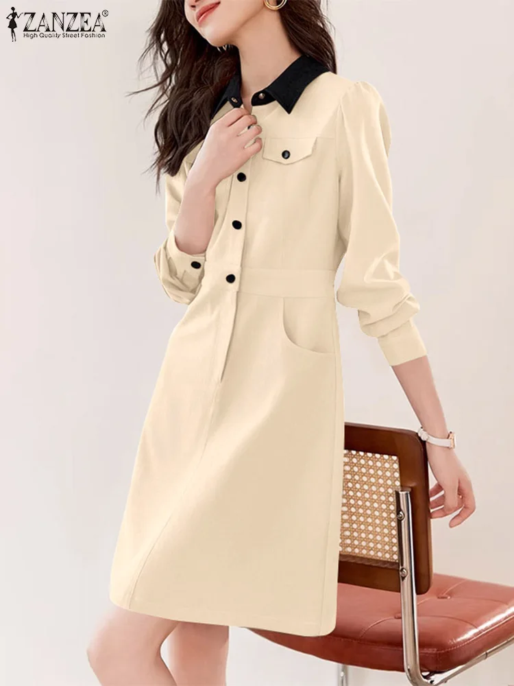 

Women Short Shirt Dress Elegant Puff Long Sleeve Patchwork Vestido ZANZEA Holiday Collect Waist Dress Casual Lapel Party Dresses