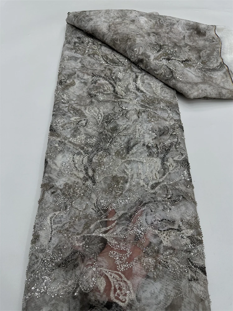 Hot Sale African Beaded Lace Fabric French Bridal Sequin Lace Fabric 2025 Fashion Nigerian Tulle Lace Fabric Party Dress Sewing