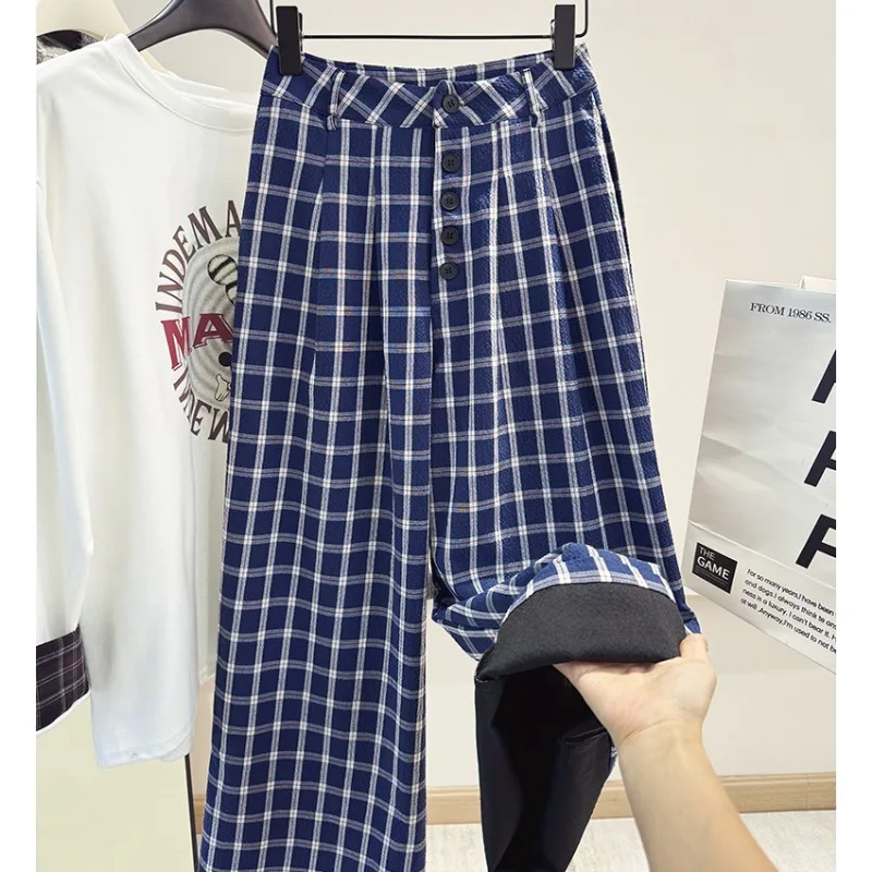Japanese Plaid Wide Leg Pants Women Spring Autumn Straight Trouser Pocket Button Fashion Loose Casual Pants Lazy Y2k Clothes