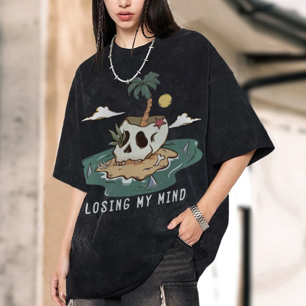 Losting In My Mind Skull Skeleton Vintage Unisex Washed T-shirt, Beach Shirt, Aloha Shirt, Hawaiian Shirt