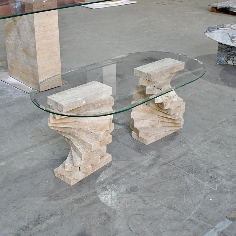 Concrete travertine vintage nordic furniture round tempered glass table natural marble wholesale customized console coffee table