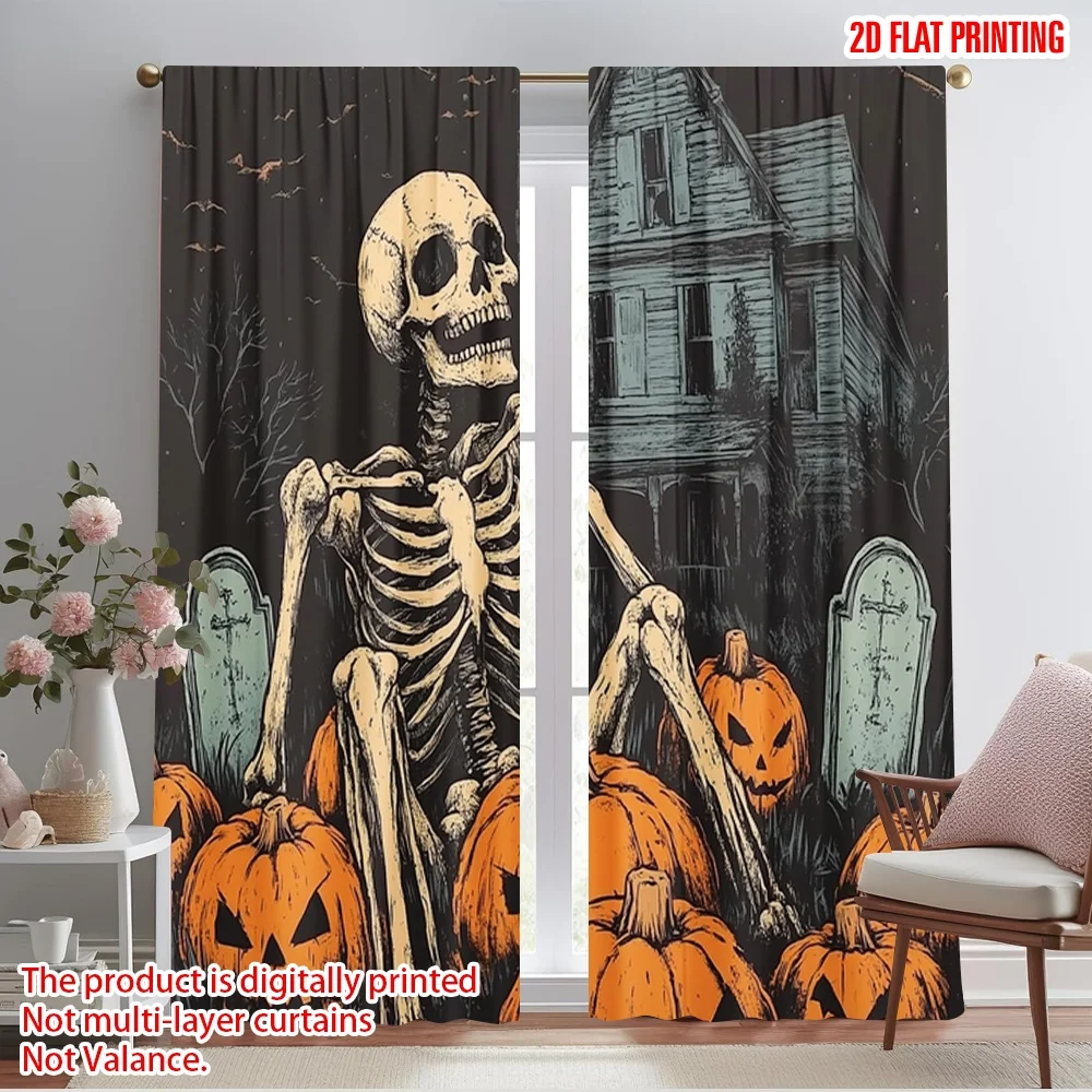 

2pcs 2D flat printing Halloween Window Treatment Curtains Skull and pumpkin2 100% Polyester Without Electricity Birthday Party