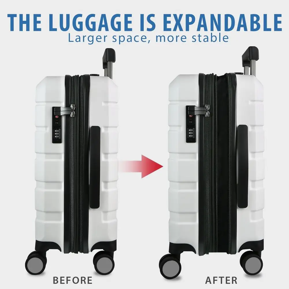 Expandable Hardside Spinner Luggage with USB Port, 20-Inch White TSA Lock Carry-On Bag
