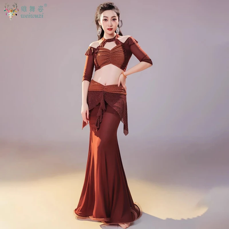costume-professionnel-de-danse-du-ventre-pour-femmes-haut-a-manches-mi-longues-jupe-longue-brillante-ensemble-2-pieces-vetements-d'entrainement-pour-la-danse-du-ventre