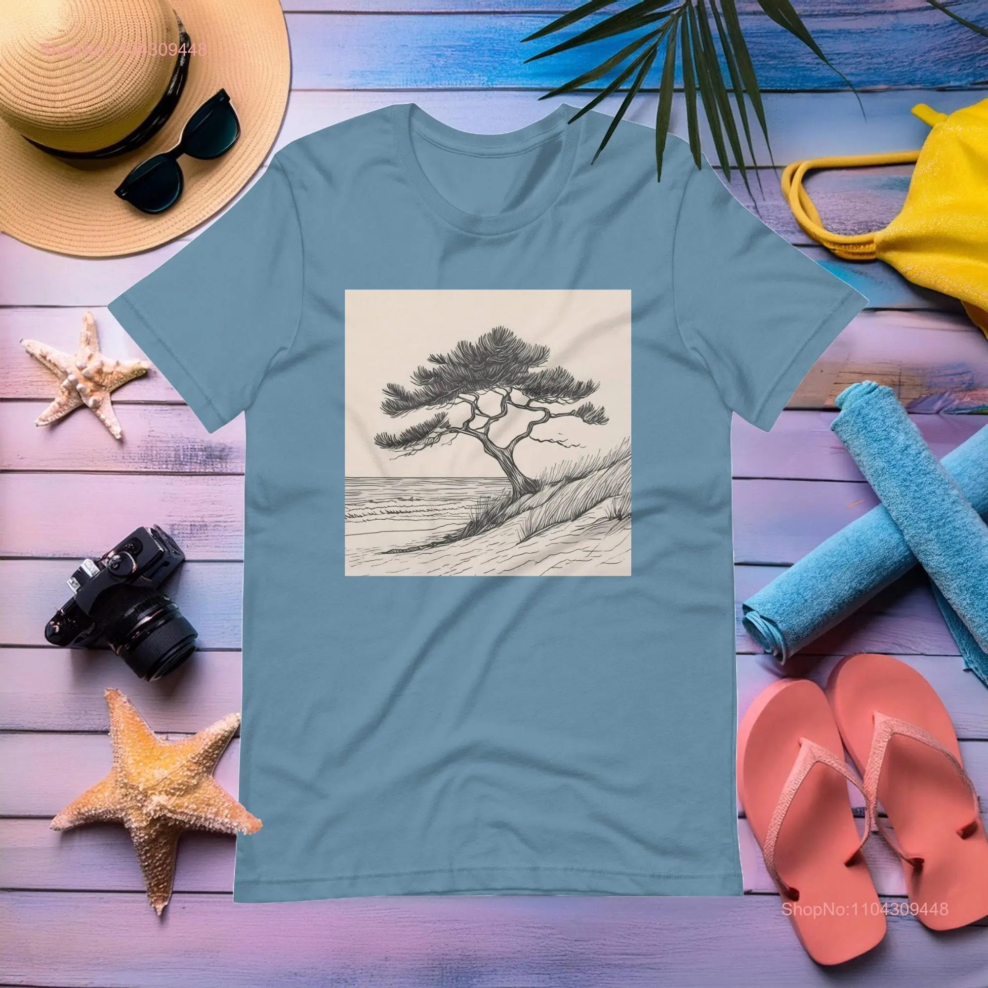 Beach Tree T Shirt Calm Themed Ocean Sea Nature Waves Staple  long or short sleeves