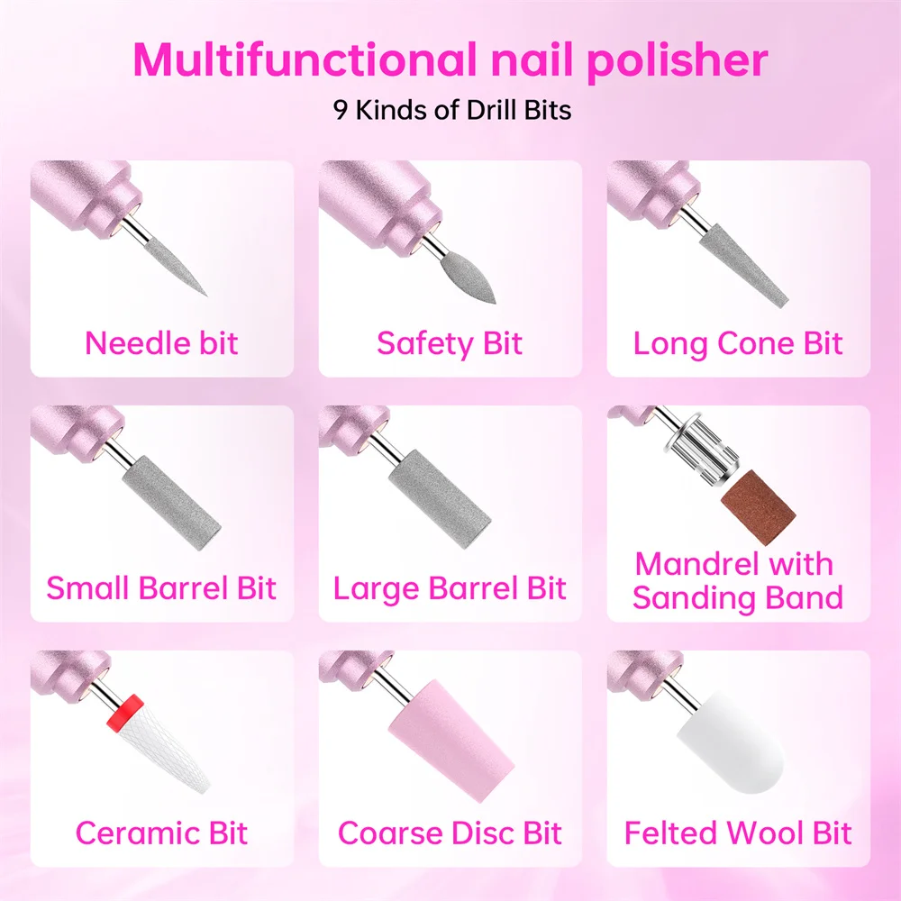 Electric Nail Drill Machine for Acrylic Gel Nails Manicure Pedicure Nail Polishing Tools Home Salon USB Rechargeable