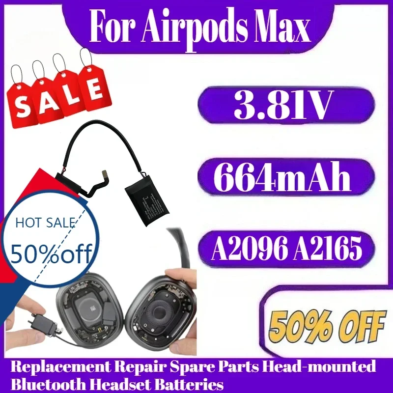 

A2096 A2165 для Airpods Max 3,81 В 664 мАч, запасные части для ремонта, аккумуляторы для Bluetooth-гарнитуры с креплением на голову