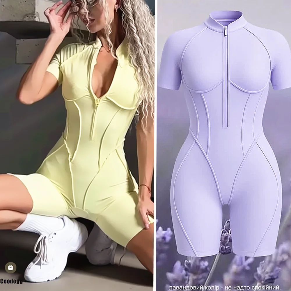 

Pad на молнии, ажурный комплект для йоги, с коротким рукавом, женский цельный комбинезон для фитнеса, леггинсы, гладкий комбинезон, спортивные штаны, активная одежда XP83