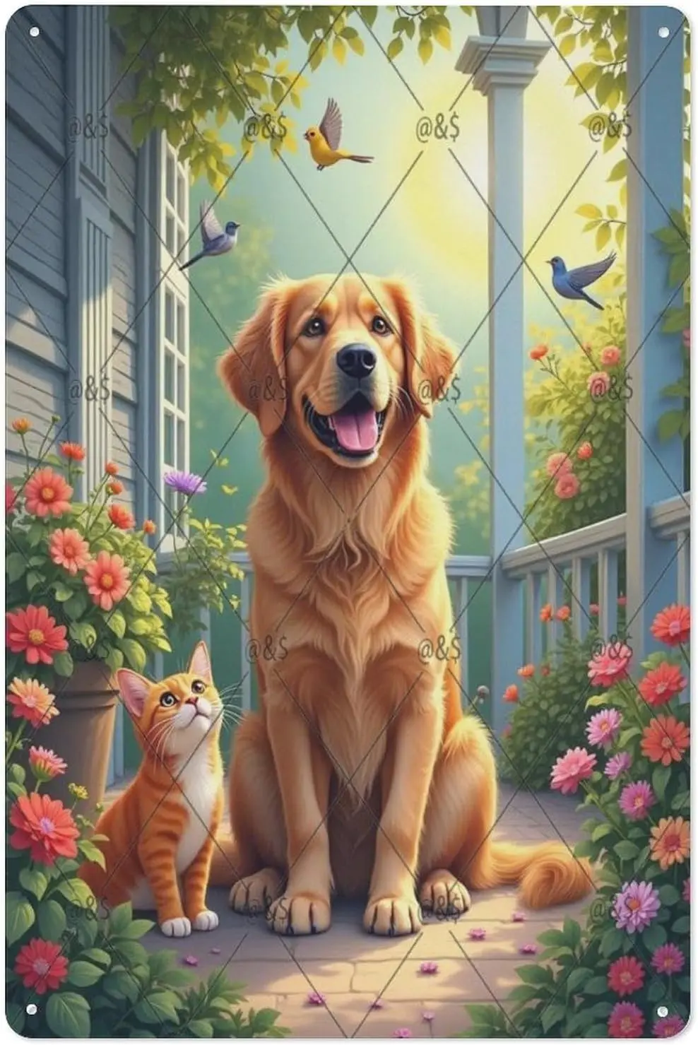 Metal Tin Sign 8 x 12 Inch,Garden Golden Retriever Tin Signs Decor,Funny Metal Tin Signs for Man Cave,Metal Posters for Room Wal