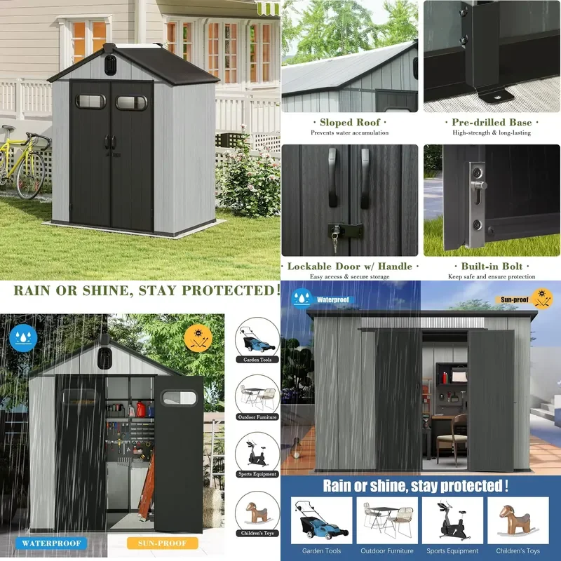 

2026 Hot Outdoor Resin Storage Shed Lockable Door Waterproof Plastic Garden Tool Shed Windows Vents Patio Furniture
