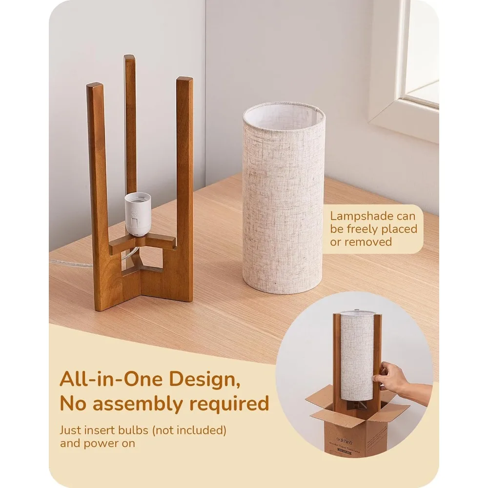 13.5" Small Table Lamp with Walnut Wood and Beige Linen Shade for Modern Bedside Lighting view 4