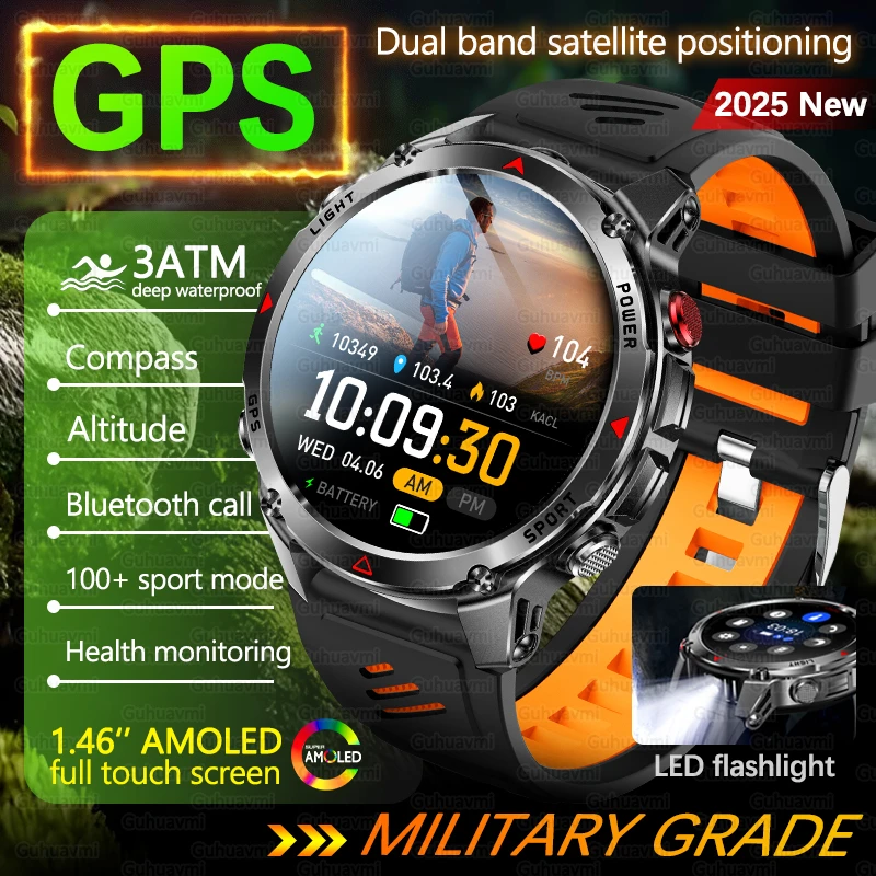 

Уличные военные GPS-умные часы для мужчин, встроенные двухдиапазонные часы GNSS, высота 3ATM, водонепроницаемые умные часы для плавания, женские 2025