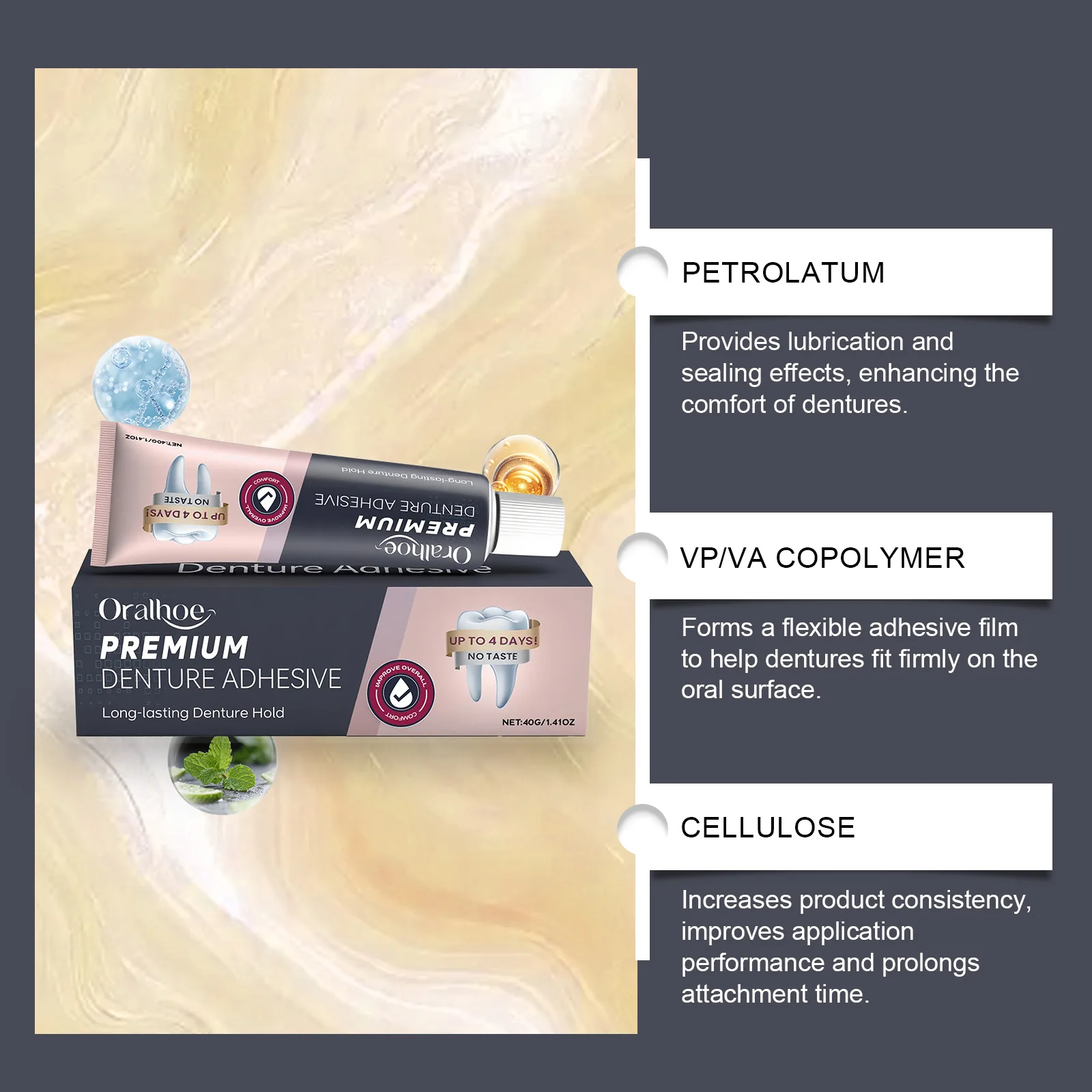 ORALHOE 40g Denture Adhesive Strong Durable Denture Fixation Effect Reduce Gum Pain Make More Comfort Prevent Food Residue Stuck