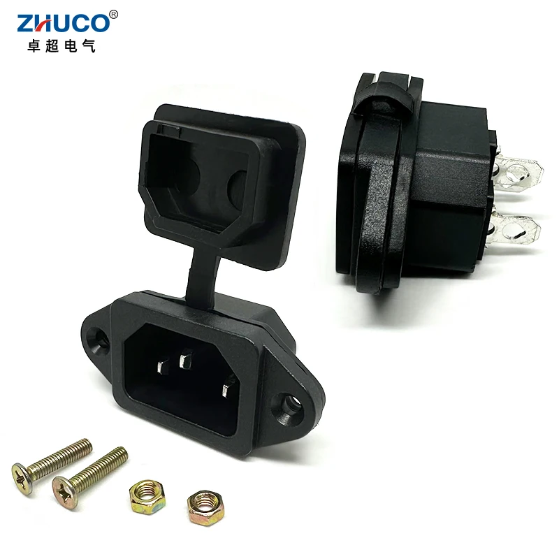 1PC LZ-14-1-01 3Pins IEC320 C14 Plug Connector10A 250V AC Electrical Panel Mounted Power Socket With Waterproof PVC Cover