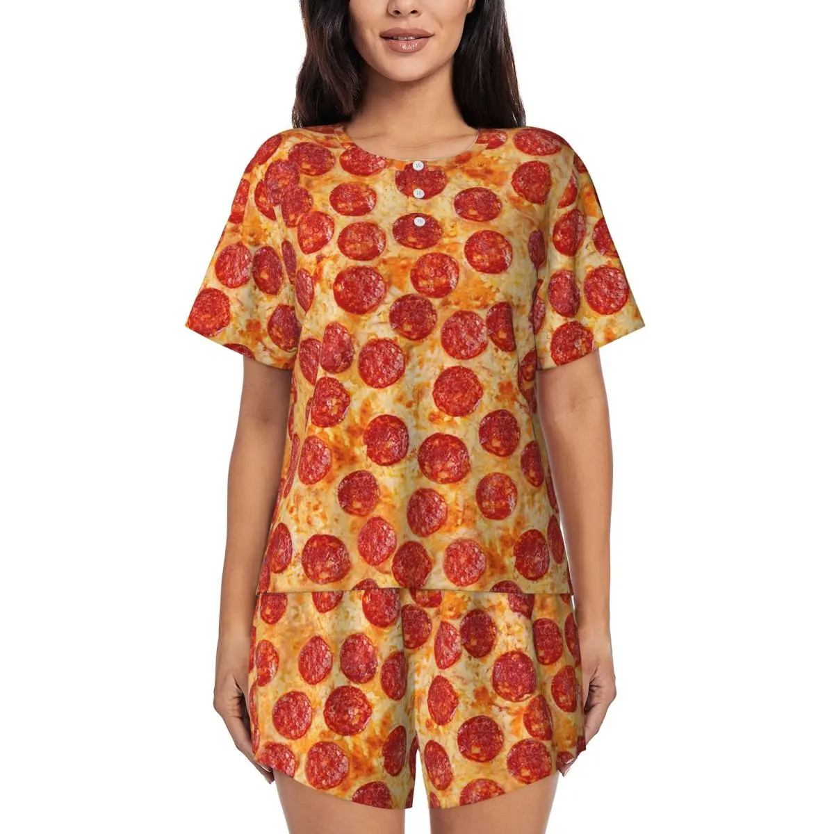 

Realistic Pepperoni Pizza Pattern Round Neck Short Sleeves Nightdress for Sleeping Sleepshirts Women Soft Pajama Set Short Pants