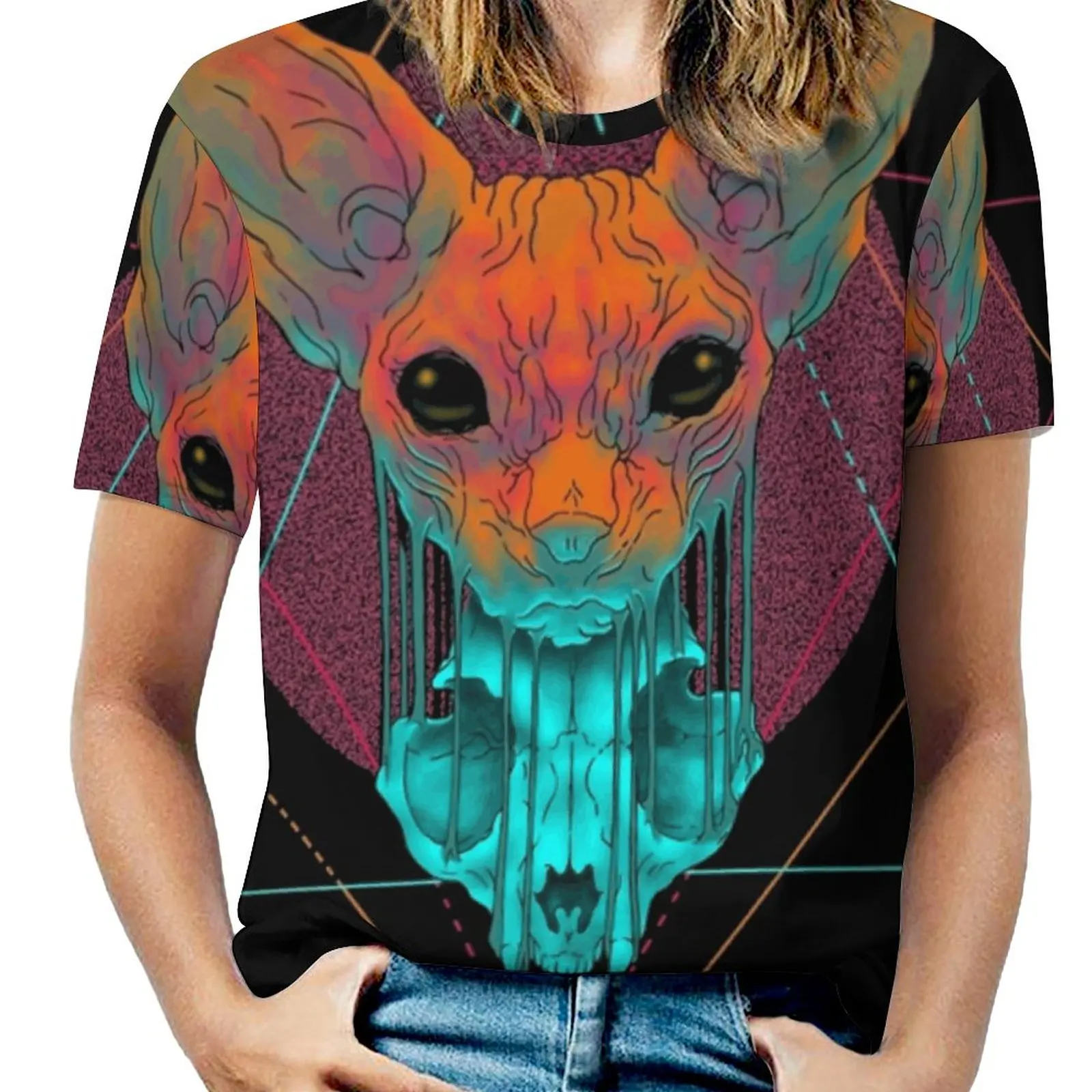 Reflections Woman'S T-Shirt Spring And Summer Printed T Shirts Crew Neck Pullover Top Sphynx Cat Skull Surreal Geometric Tattoo