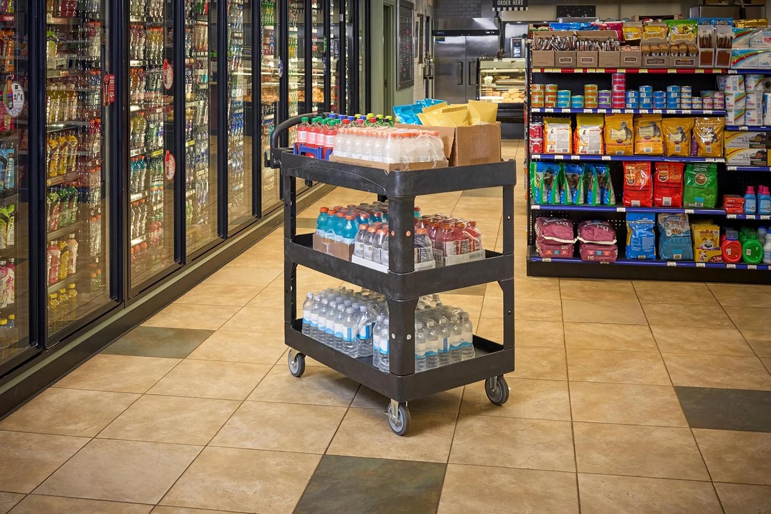 Commercial Brute 3-Shelf Heavy-Duty Utility/Service Cart, Medium, High Storage, Lipped Shelves, Ergonomic Handle, 600 lb.