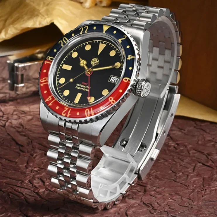 

San Martin Men GMT Watch 40MM Automatic Mechanical Wristwatch 20ATM Waterproof C3 Luminous Sapphire Bidirectional Bezel NH34