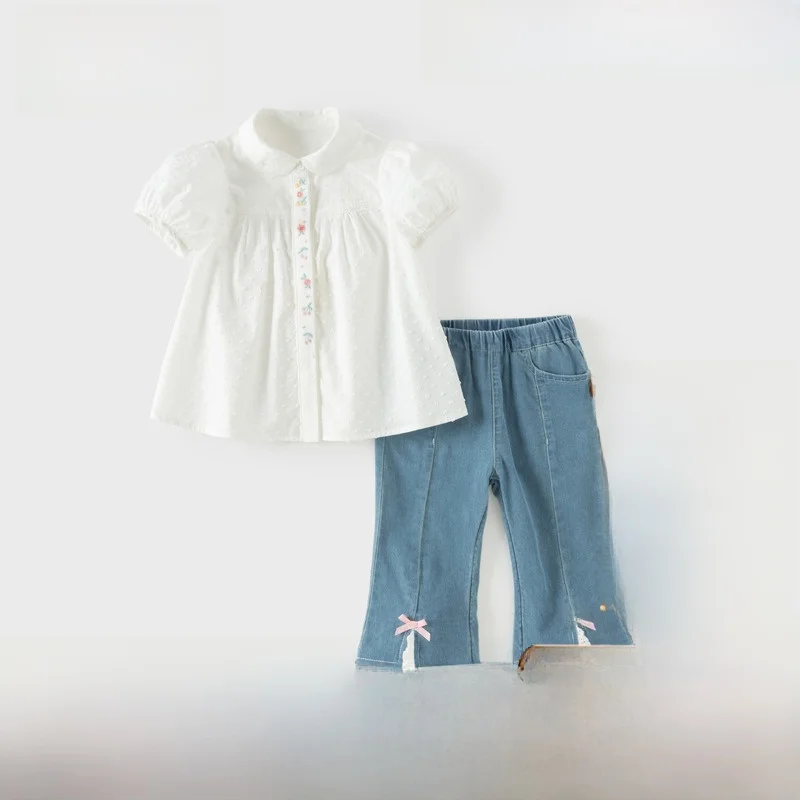 dave-bella-kids-short-sleeve-cotton-shirt-denim-pants-thin-summer-new-style-girls-pure-cotton-top-bottoms-children's-clothing
