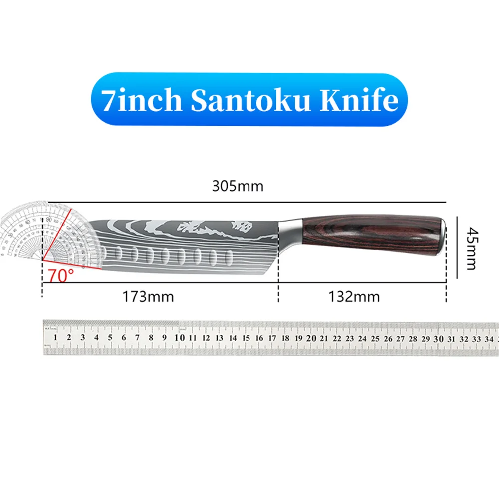 7 Inch Santoku Knife Laser Damascus Stainless Steel Kitchen Knives Professional Chef Knife Full Tang Vegetable Cutting Knife