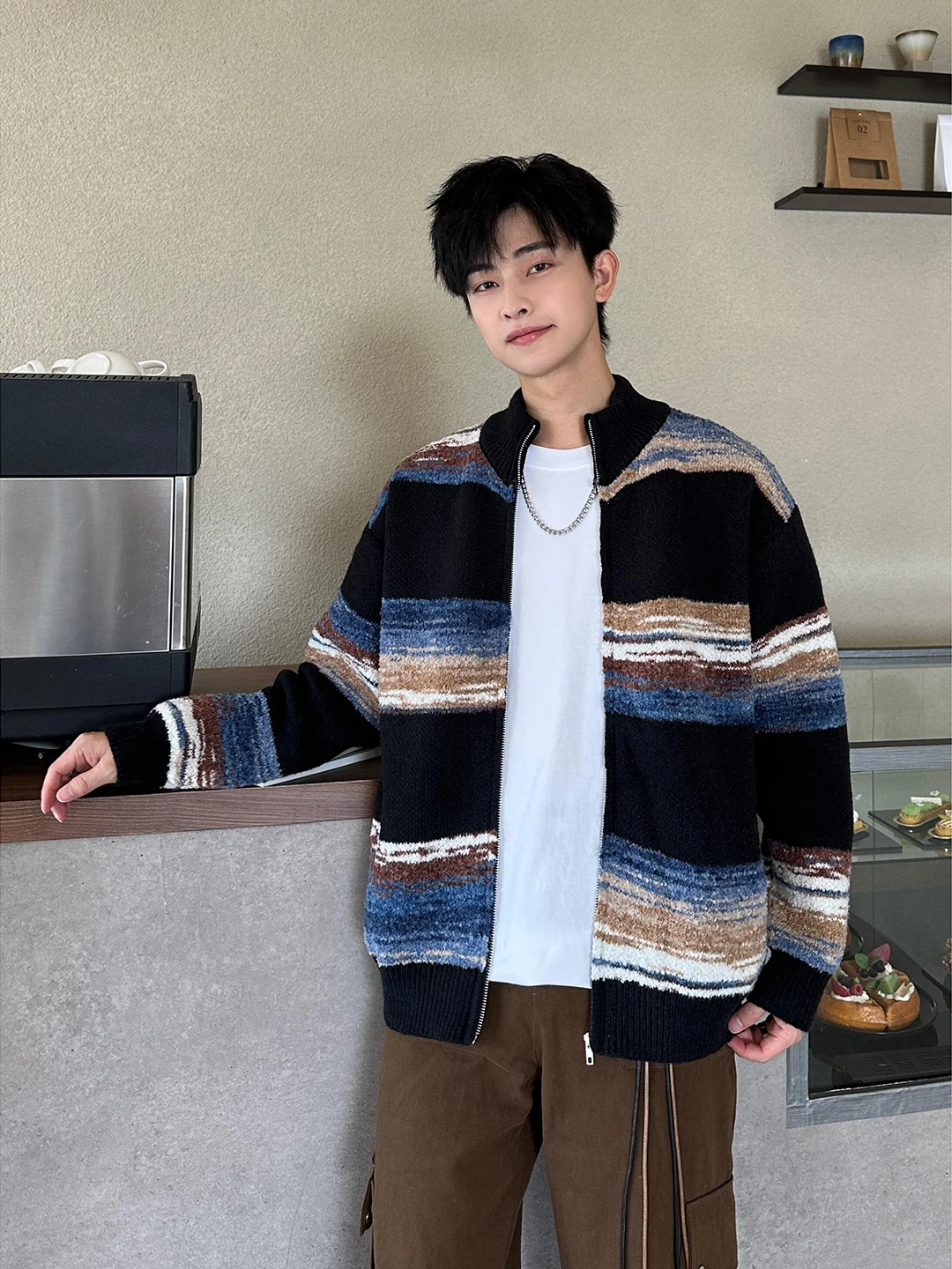 

Color Blo Striped Knitwear Men's Sle Loose Fit American Casual Long Sve Zipper Closure Polyester Fiber Couples Sweater