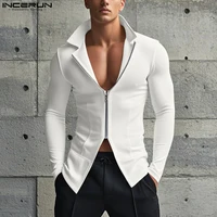 INCERUN Tops 2025 estilo americano moda hombres línea de de deconstrucción Camiseta con cremallera ropa de calle informal Camiseta Simple de manga larga