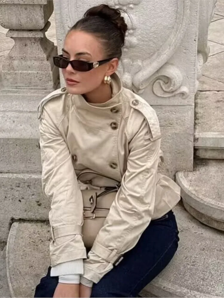 معطف نسائي من NERHEFZ مع حزام للخريف غير رسمي وأكمام طويلة وطية صدر كبيرة سترة واقية مزدوجة الصدر ملابس خارجية أنيقة للسيدات #1