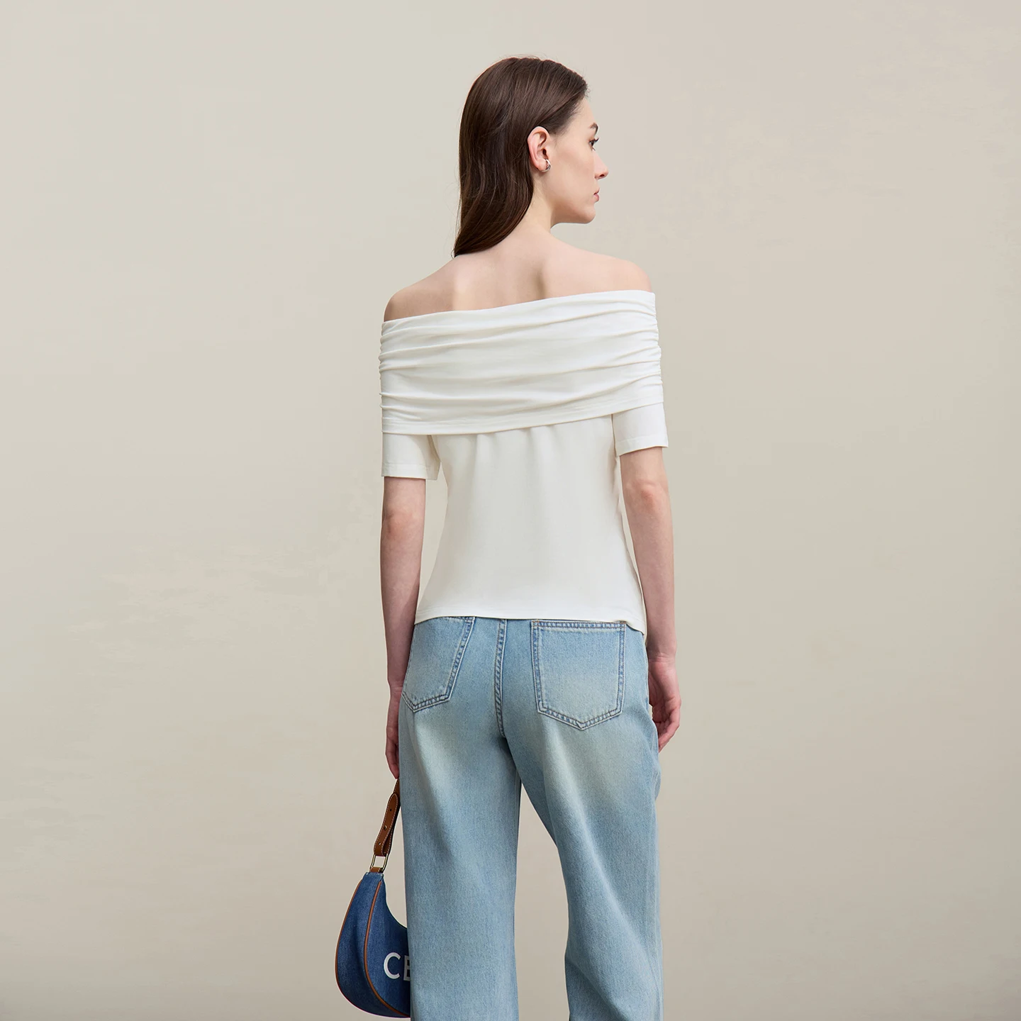 Amii Off-the-shoulder Women's T-Shirt 2026 Summer New Stretch Straight Fit Tee Elegant Casual Short Sleeve Women Top 12622120