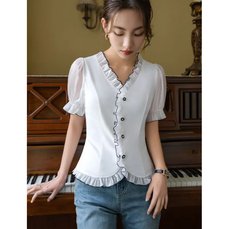 Women French Fashion Lace Ruffles Elegant Chiffon Blouse Summer Solid Office Lady Simple Shirts