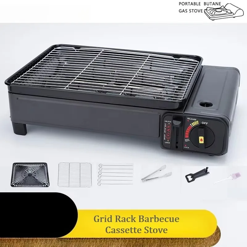 Outdoor Portable Windproof Cassette Gas BBQ Stove, Camping Barbecue Grill for Picnic, Roasting Skewers, Outdoor Kitchen Cookware