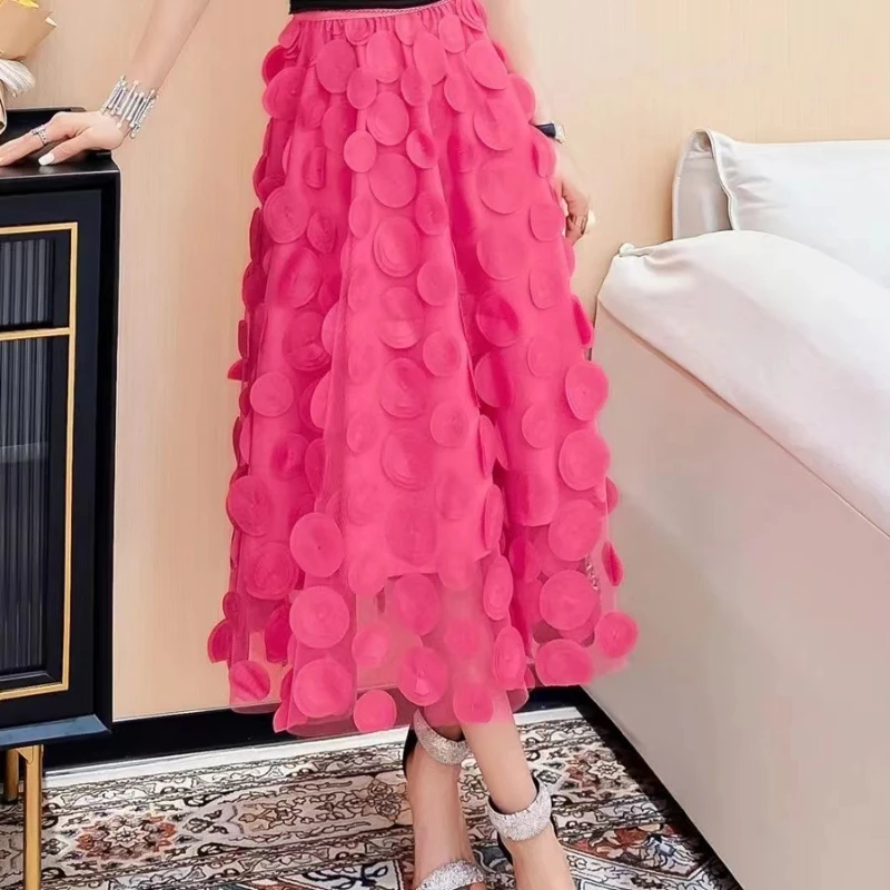 Женские Универсальные однотонные юбки с трехмерным украшением, винтажные модные элегантные газовые юбки с высокой талией, женская одежда Q937