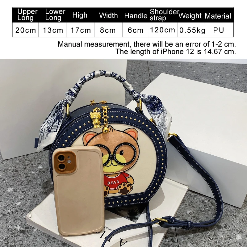 BeiBaoBao Brand Round Women Shoulder Handbag Hi-Q Rivet Crossbody Bags For Women 2023 Cute Bear Applique Circle Messenger Bag