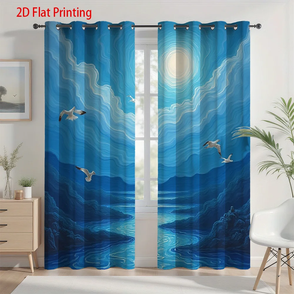 2pcs Blue Night Sky Curtains with Moon & Seagulls Design - Semi-Transparent Polyester, Machine Washable, Grommet Top for Easy