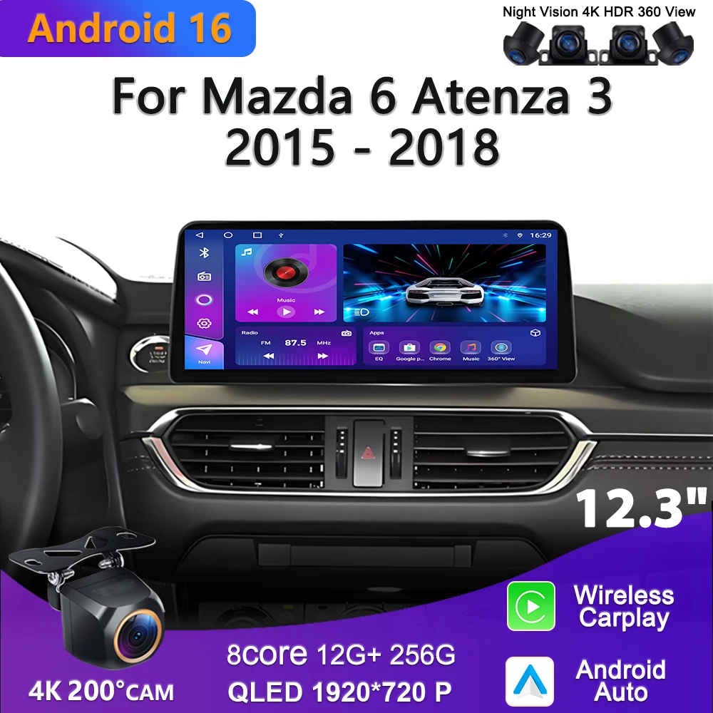 Rádio de carro de 12,3 polegadas para Mazda 6 Atenza 3 2015 - 2018 Carplay GPS Navegação CPU de alto desempenho Reprodutor multimídia 4G+wifi.