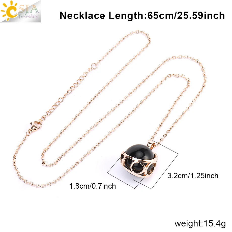 CSJA Natural Stone Round Bead Pendant Necklace for Man Women Amethysts Crystal Stainless Steel Chain Necklaces Jewelry H232