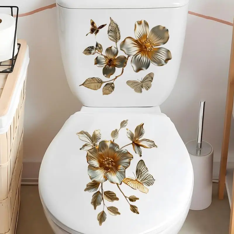 Golden Flower Butterfly Toilet Seat Decals Waterproof Self-Adhesive Creative Stickers for Rental Bathroom Upgrade