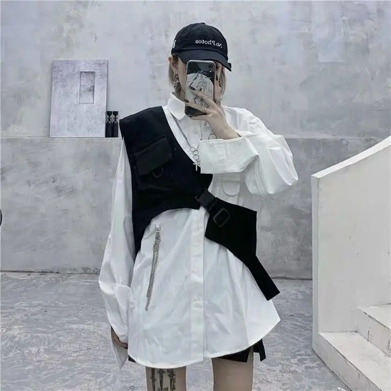 Black Cargo Vests for Women One-shoulder Hip Hop Girls Streetwear Unisex Crop Waistcoats Sleeveless All-match Fashion Cool Teens