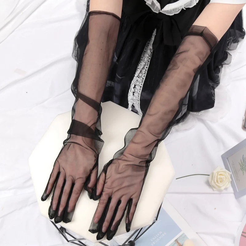 Fashion Long Sheer Tulle Gloves Ultra Thin Stretchy Full Finger Mittens Mesh Elbow Wedding Bride Gloves Drive Sunscreen Mittens