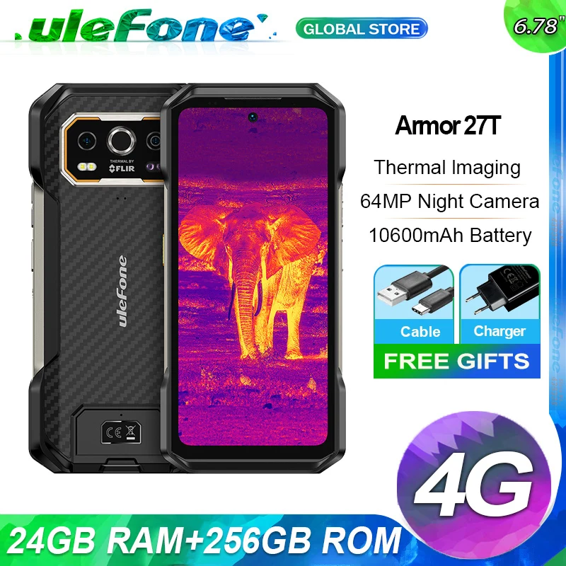 Ulefone Armor 27T 4G Прочный термозакрепление FLIR ®   10600 мАч, 24 ГБ + 256 ГБ, 6,78 дюйма, FHD, 120 Гц, ночное видение, зарядка 33 Вт