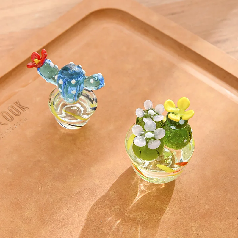 Handmade Murano Glass Cactus Figurines Ornaments Desktop Craft Adornment Creative Colorful Cute Miniature Plant For Home Decor