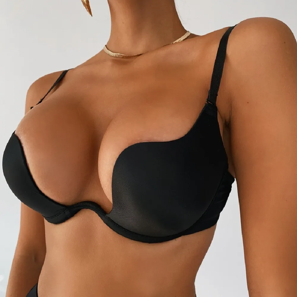 Sutiã Push Up em U profundo para mulheres, belas costas, meia xícara fina, lingerie monocromática, cueca sexy underwire