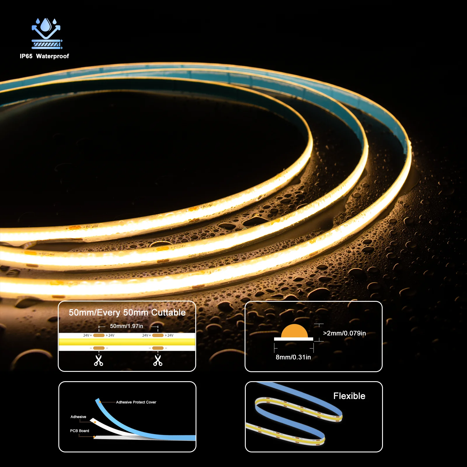 Tira LED COB impermeable PAUTIX IP65 5m DC12V/24V 320 480LEDs/m Flexible de alta densidad RA90 2700K-6000K grifo Led para decoración de habitación