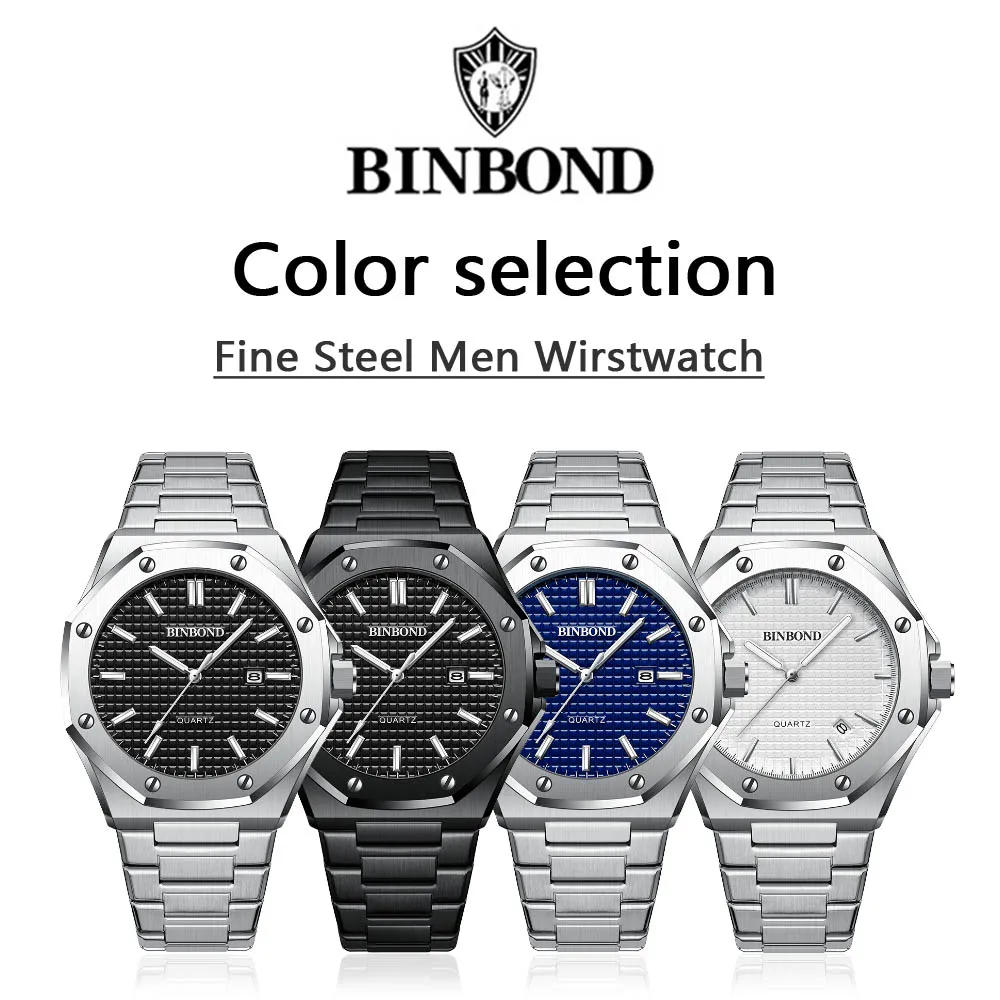 BINBOND Men\'s Watches Fine Steel Fashion Original Quartz Watch for Man Waterproof Luminous Date Texture Dial Wristwatch Reloj