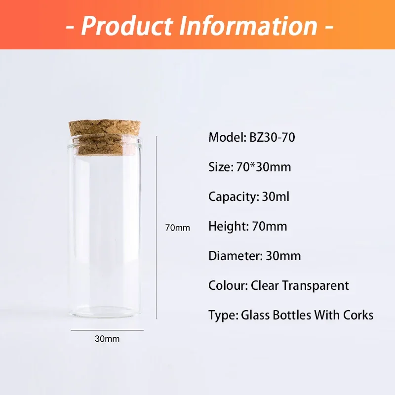 Straight Mouth Glass Bottle 70*30mm 30ml Cork Stopper Spice Container Jars Vials DIY Craft Kitchen Storage Bottles 12pcs/Lot