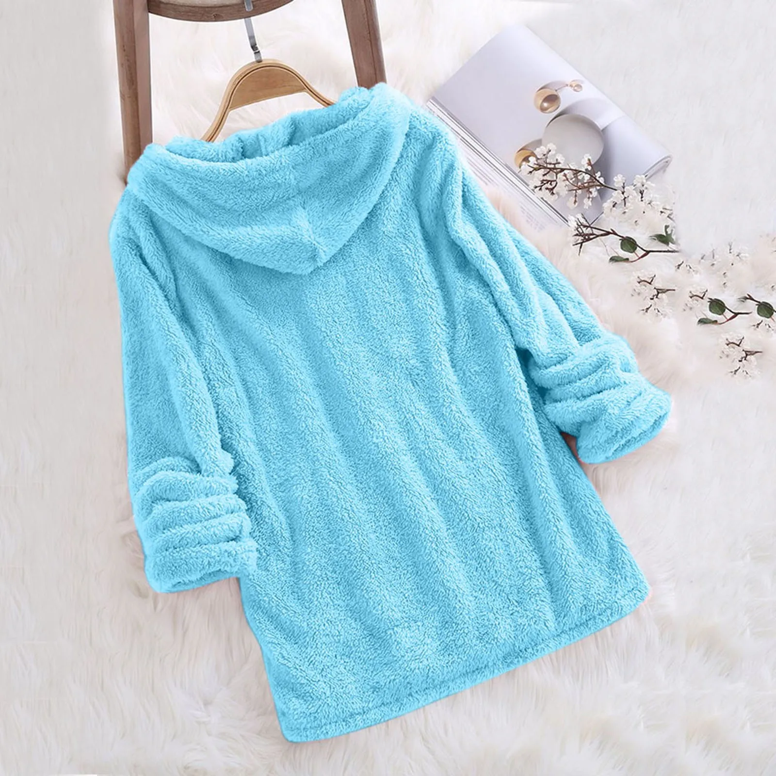 2024 Warm Solid Fluffy Flannel Pullover Pajama Loose Hooded Sweatshirts Top Korean New Women Long Sleeve Plush Hoodies Lady