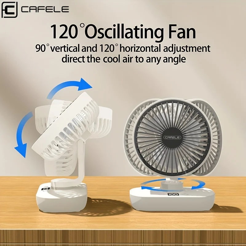 Automatic Roate Electric Fan 2000mAh Rechargeable Portable Fan For Office Home Desktop Fan 5 Wind Speed Adjustable LED Display