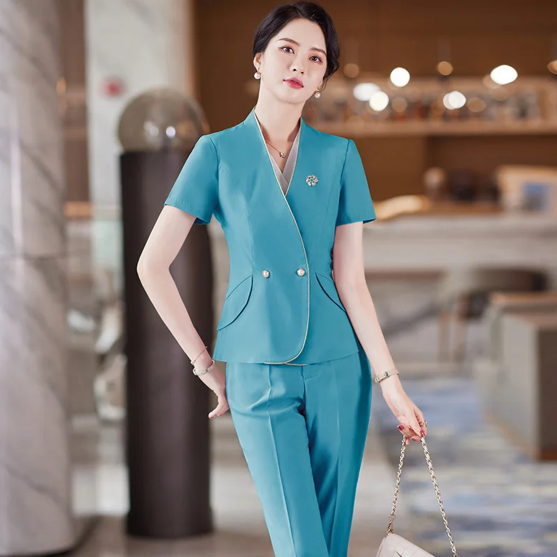 

Fashion Short Sleeve Beauty Salon Stewardess Uniform Professional Suit Skirt2024New Jewelry Hotel Front Desk Labor Suit Women